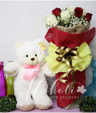 1 Dozen Red and White Roses with Bear