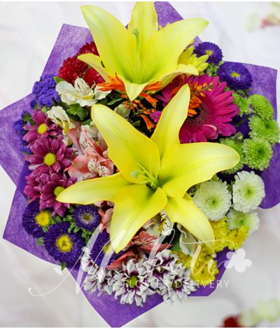 2 Yellow Lilies with Mixed Colorful Flowers