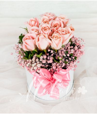 Pretty Pink Roses in a Round Box