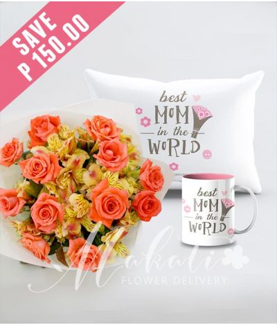 1 Dozen Peach Roses with Mug and Pillow for Mom