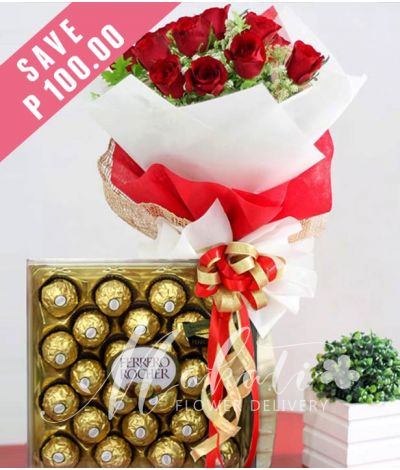 1 Dozen Red Roses with 24 pcs. Ferrero