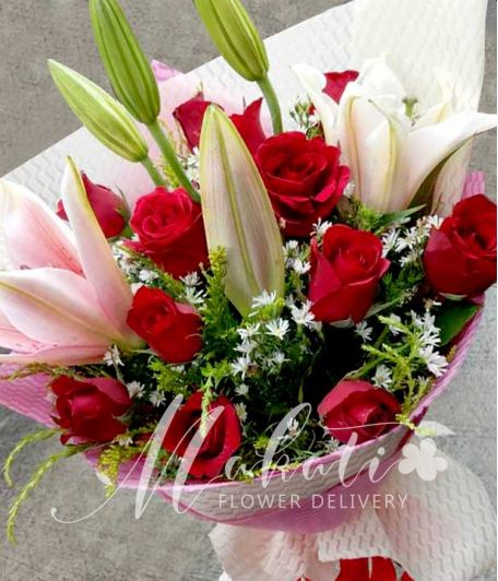 1 Dozen Red Roses with 4 Stargazers