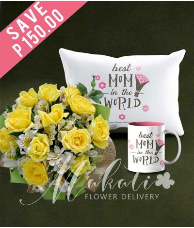 1 Dozen Yellow Roses with Mug and Pillow for Mom