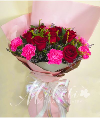 1 Dozen Red Imported Roses and Pink Carnation