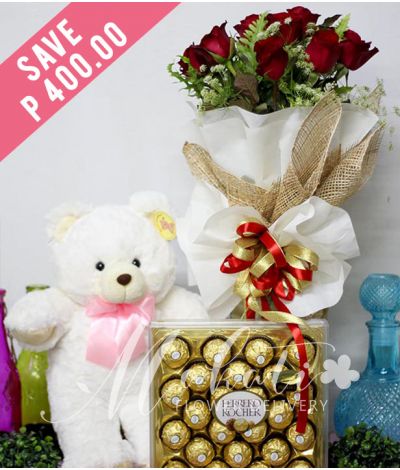 1 Dozen Red Roses with Bear and Ferrero