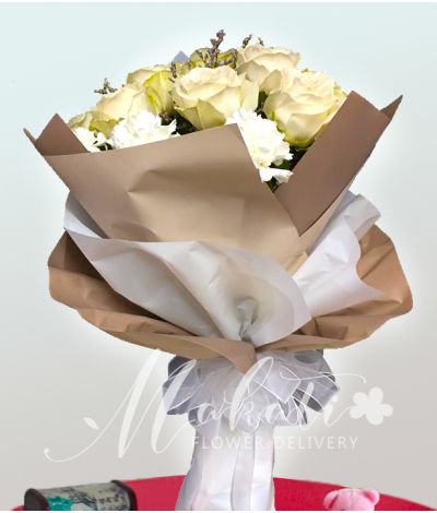 1 Dozen White Imported Roses and White Carnation