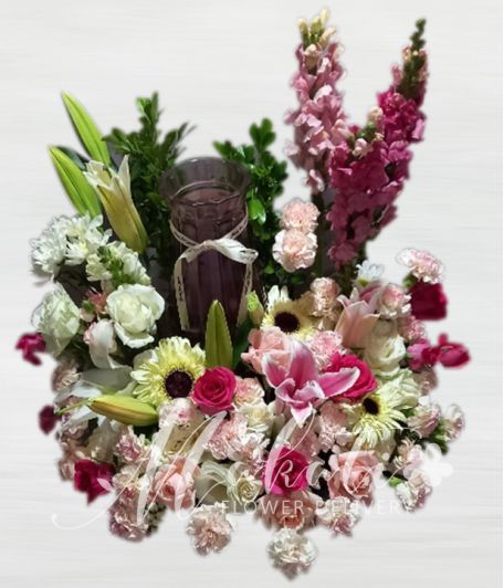 Vibrant  Pink Roses Urn Flower Arrangement